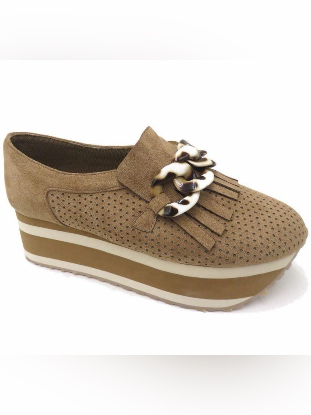 Pierre Dumas The Paloma-2 Taupe Suede Platform Loafer with Tortoiseshell Chain